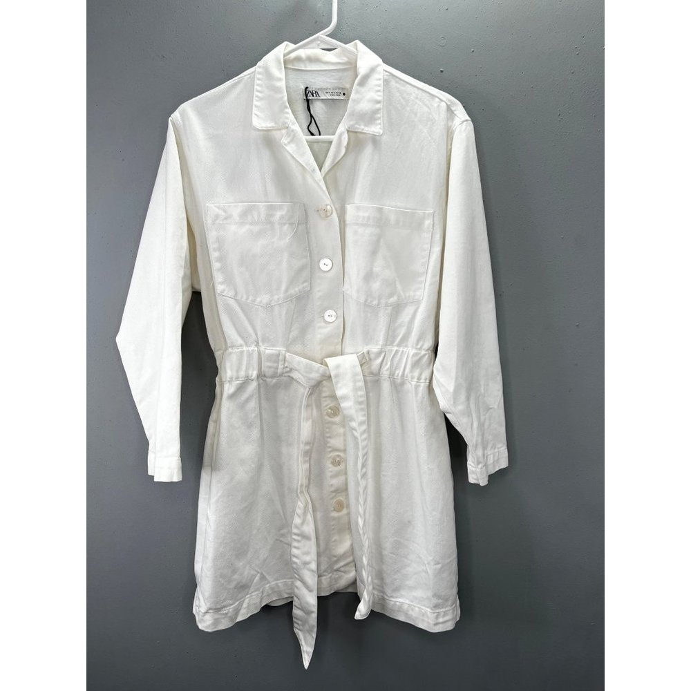 Zara White Denim Shirt Dress Belted Button Up size S Pockets Long Sleeve